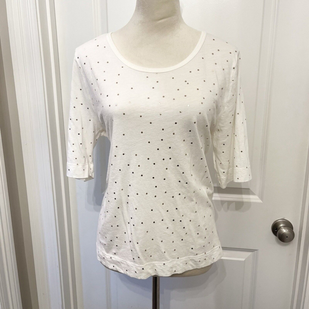 T. La Anthropologie White 1/2 Sleeve T-shirt W/ Gold Dots- Women SZ‎ M